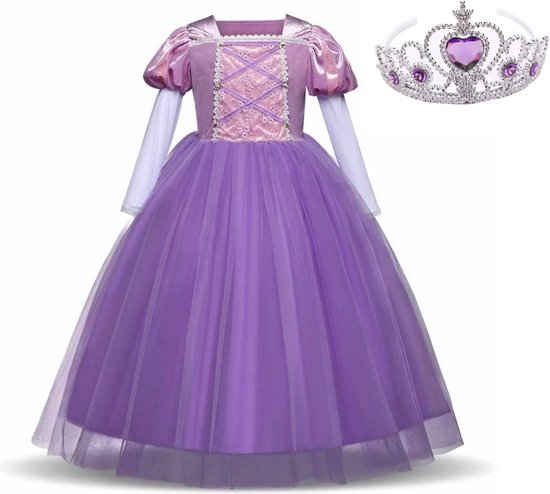 Sprookjesjurk Raponsje Prinsessen jurk verkleedjurk Luxe 104 -110 (110) paars met kroon verkleedkleding