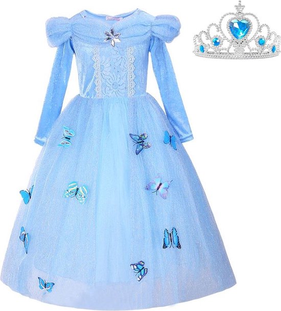 Assepoester jurk Prinsessen jurk verkleedjurk 128-134 (130) blauw Luxe met vlinders meisje + blauwe kroon