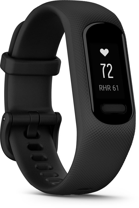 Zwarte activity tracker met scherm dat hartslag (72) en RHR 61 toont.