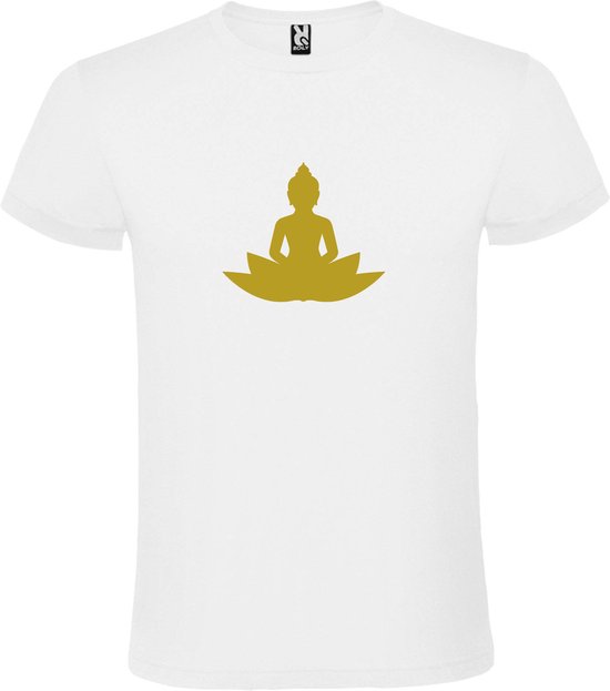 Wit T shirt met print van " Boeddha  op lotusbloem " print Goud size XXXXL