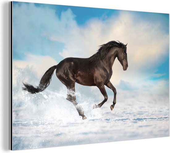 Wanddecoratie Metaal - Aluminium Schilderij Industrieel - Zwart paard in de sneeuw - 30x20 cm - Dibond - Foto op aluminium - Industriële muurdecoratie - Voor de woonkamer/slaapkamer