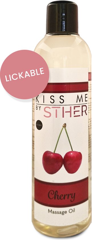 STHER kersen massageolie, 250ml. Een heldere olie met een roze cirkel met 'LICKABLE' erop. Het etiket toont twee kersen.