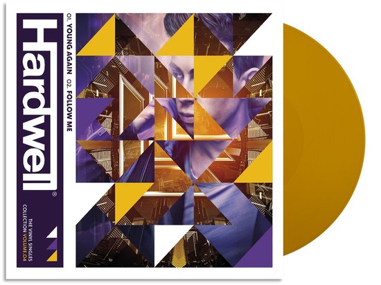 Albumhoes met geometrische mozaïek, "Hardwell" logo en "Young Again / Follow Me" titels, naast een gele vinylplaat.