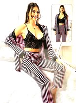 Pyjama- 3-delig set- Luxe Kimono set- Pyjama set met Kanten bh top- Sexy damesmode 2075- Paars met zwart streepje- Maat M