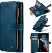 Casemania Hoesje Geschikt voor Samsung Galaxy S22 Ultra Navy Blue - Luxe Portemonnee Book Case met Rits