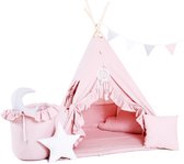 Tipi tent voor kinderen XXL Set Roze | INCL. speelmat, 4 kussens, speelmand, vlaggenlijn, dreamcatcher, opberghoes