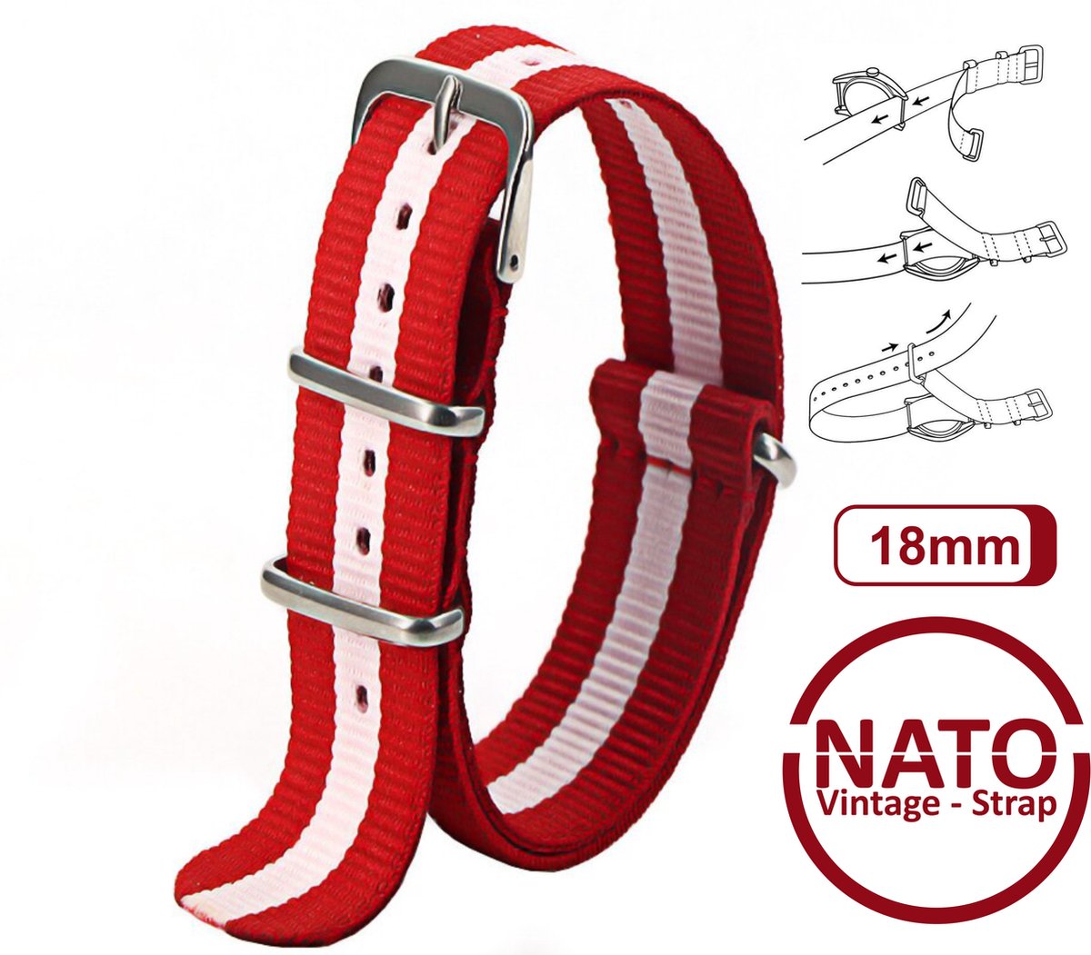 18mm Premium Nato Strap Rood Wit gestreept - Vintage James Bond - Nato Strap collectie - Mannen - Horlogeband - 18 mm bandbreedte voor oa. Seiko Rolex Omega Casio en Citizen