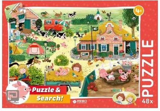 Rebo Legpuzzel met vrolijke boerderijtafereel, inclusief varkens, koeien, kinderen en een tractor. "Puzzle & Search!"