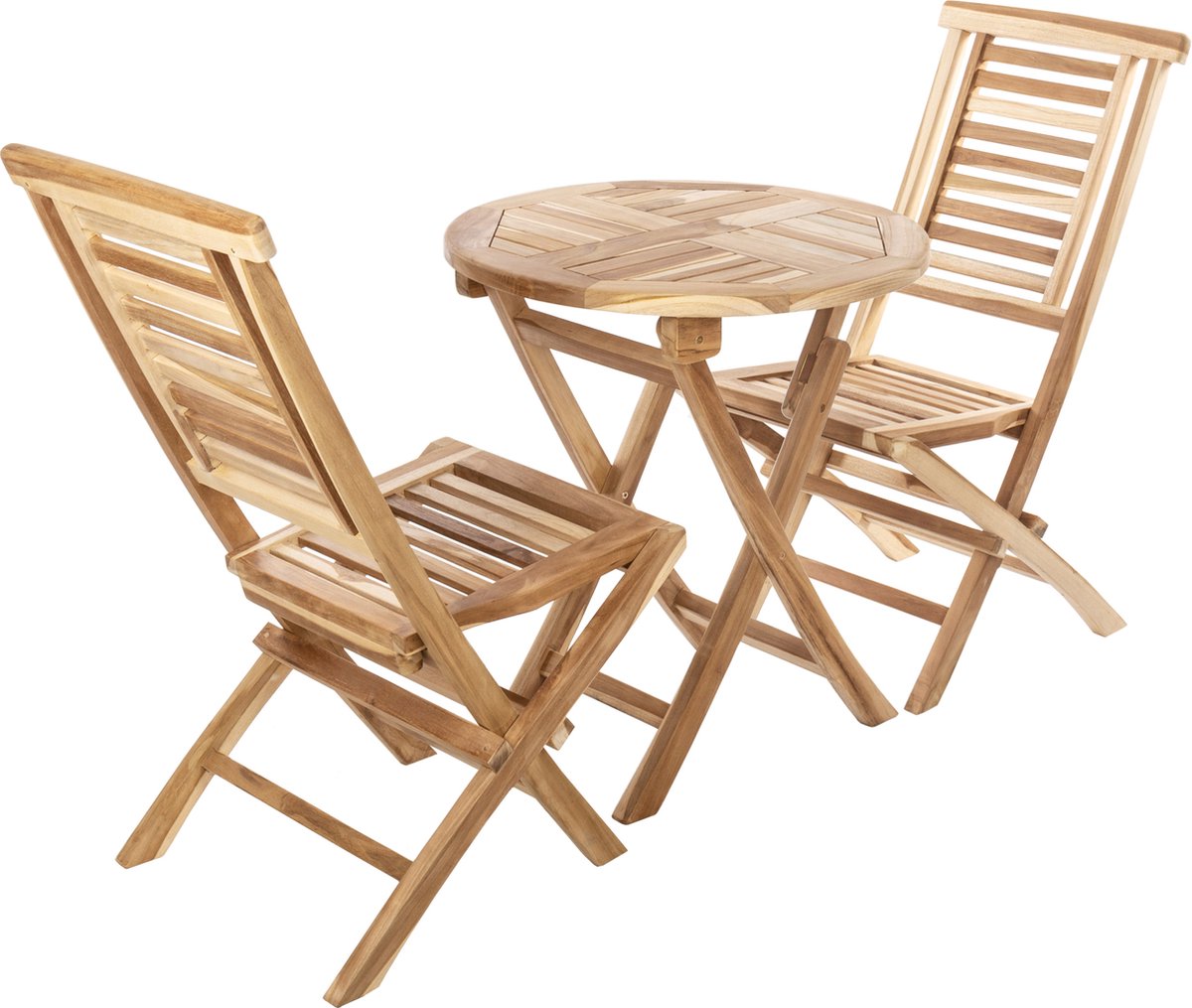 PrimeMatik - Set ronde tafel 66 cm en 2 stoelen voor buitentuin in gecertificeerd teakhout