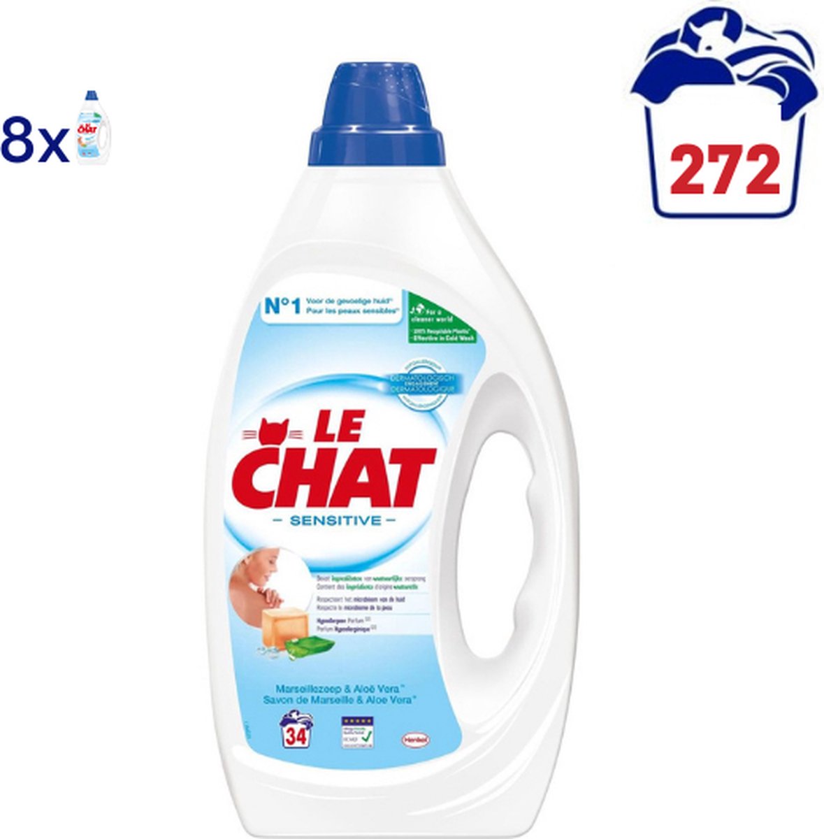 Lessive liquide Le Chat Sensitive - 8 x 1,7 l (272 lavages) | bol