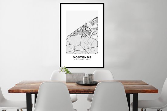 Fotolijst incl. Poster Zwart Wit- België – Oostende – Stadskaart – Kaart – Zwart Wit – Plattegrond - 60x90 cm - Posterlijst