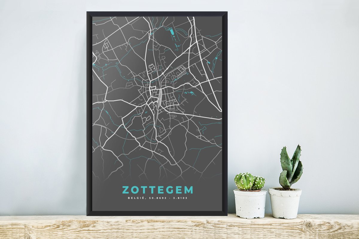 Fotolijst incl Poster België Zottegem Stadskaart Kaart Blauw Plattegrond bol com