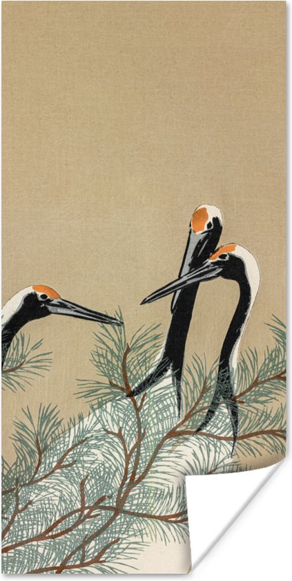 Poster Bladeren - Kraanvogel - Dieren - Scandinavisch - Japan - 40x80 cm