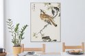Un oiseau brun avec une crête est assis sur une branche avec de petites fleurs jaunes et des feuilles sombres. Art japonais.