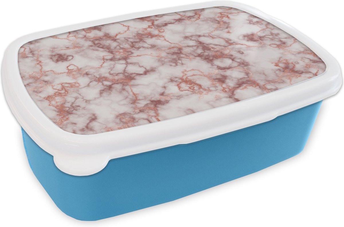 Broodtrommel Blauw - Lunchbox - Brooddoos - Marmer - Wit - Rood - 18x12x6 cm - Kinderen - Jongen