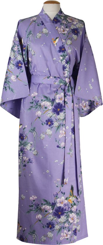 DongDong - Kimono japonais original - Katoen - Fleurs fleuri - Violet - L/XL