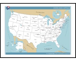 Poster Kaart Amerika / VS / USA - Staten en hoofdsteden - Large 50x70 cm - Educatief - Schoolplaat