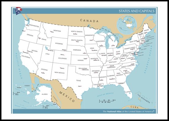 Poster Carte Amérique / USA / USA avec états et capitales - Grand