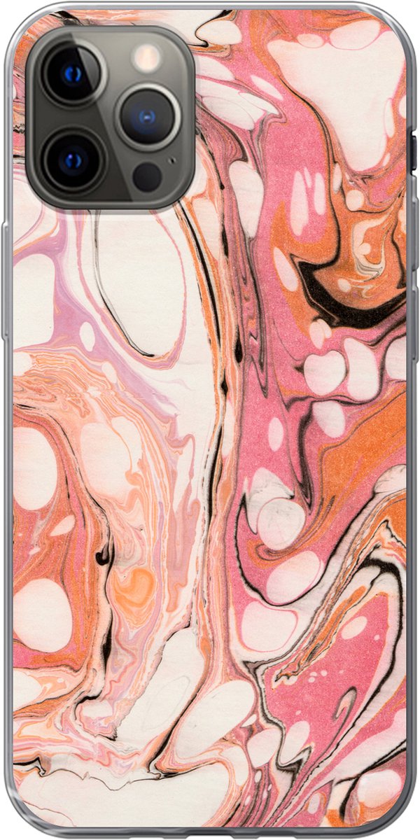 Telefoonhoesje Geschikt voor iPhone 12 Pro hoesje - Marmer print - Oranje - Zwart - Siliconen Telefoonhoesje Telefoonhoesje