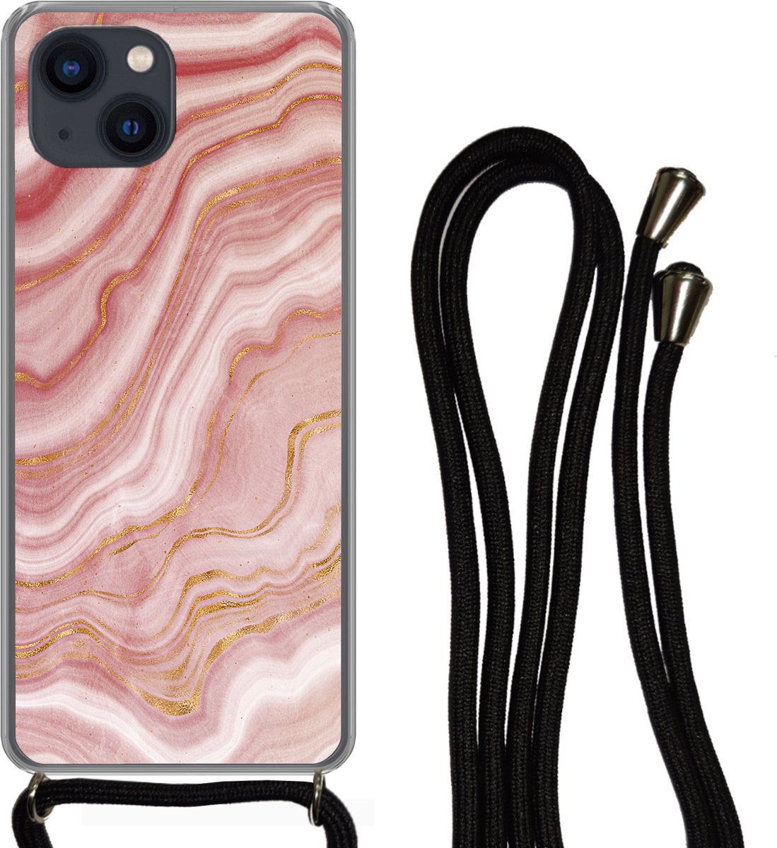 Telefoonkoord - Telefoonketting - Telefoonhoesje Geschikt voor iPhone 13 Mini - Marmer print - Rood - Wit - Siliconen - Crossbody - Telefoonhoesje met koord Telefoonhoesje