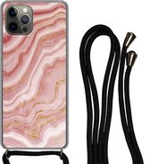 Cordon téléphonique - Chaîne téléphonique - Étui avec cordon Convient pour iPhone 13 Pro - Imprimé marbre - Rouge - Wit - Siliconen - Bandoulière - Étui de téléphone avec cordon