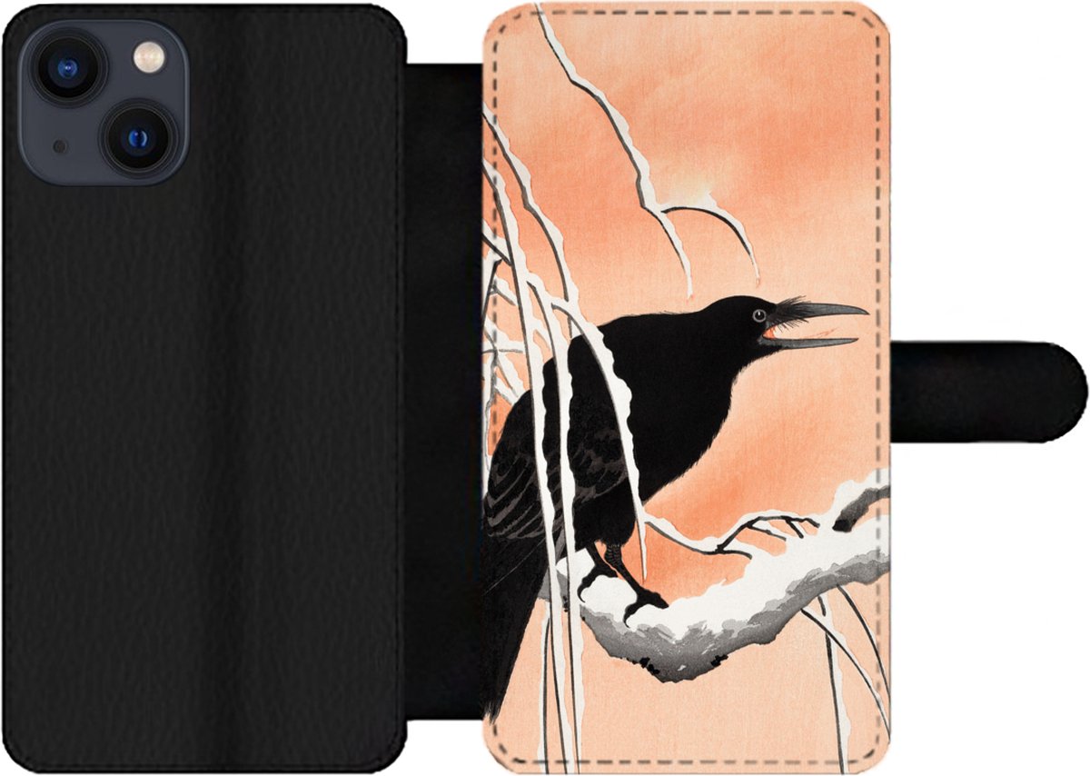 Telefoonhoesje Geschikt voor iPhone 13 telefoonhoesje - Kraai - Tak - Vintage - Japans - Met vakjes - Wallet case met magneetsluiting