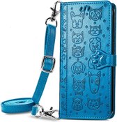 Voor Samsung Galaxy A52 5G/4G Leuke Kat en Hond Reliëf Horizontale Flip Lederen Case met Houder & Kaartsleuven & Portemonnee & Crossbody Lanyard & Card Cover (Blauw)