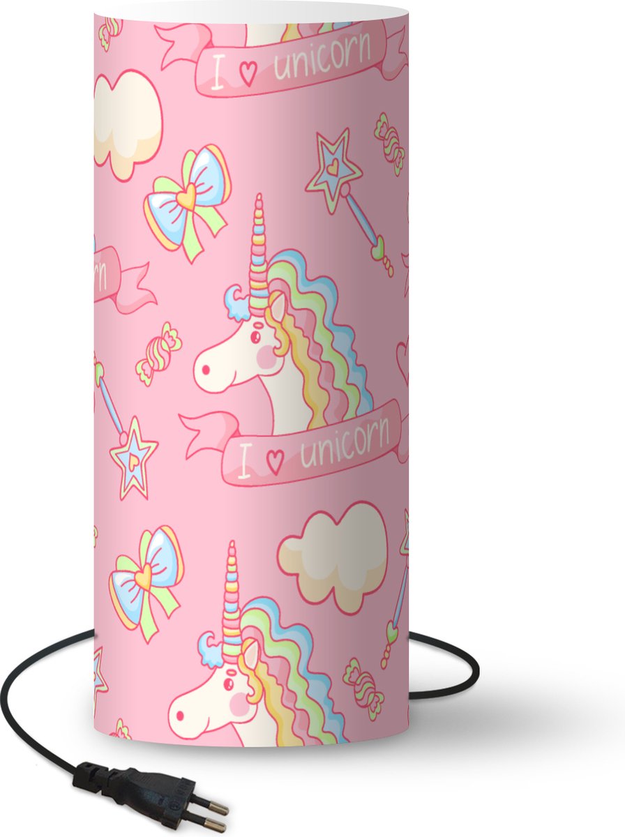 Lamp - Nachtlampje - Tafellamp slaapkamer - Unicorn - Roze - Patronen - Kind - 70 cm hoog - Ø29.6 cm - Inclusief LED lamp
