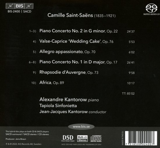 Zwarte CD hoes met tekst over Camille Saint-Saëns, pianoconcerten, Alexandre Kantorow, Tapiola Sinfonietta en Jean-Jacques Kantorow.