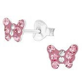 Joy|S - Zilveren vlinder oorbellen - roze kristal - 6 mm