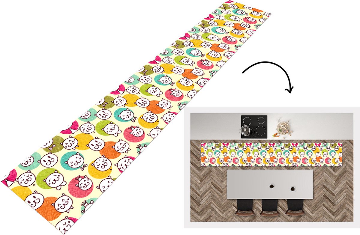 KitchenYeah Keukenloper - Keukenmat - Meisjes - Kat - Kroon - Patronen - Keuken vloerkleed Multicolor