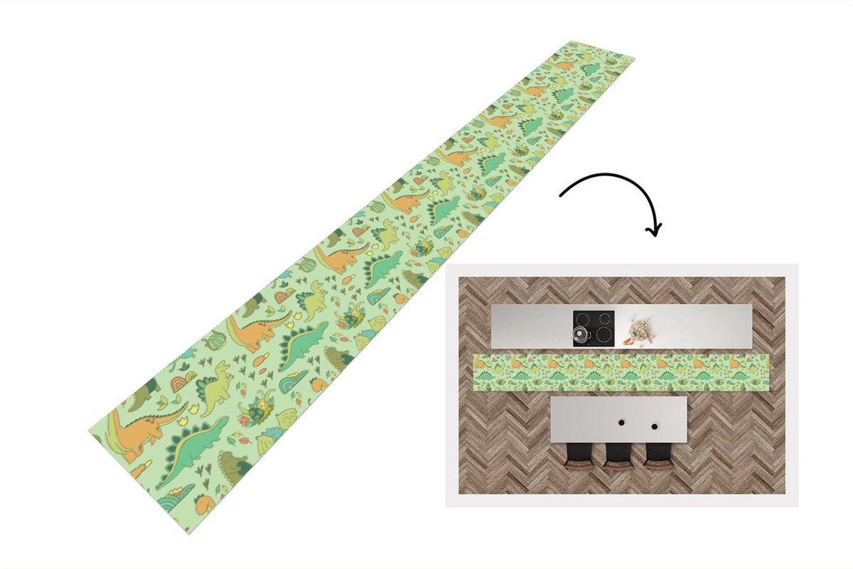 KitchenYeah Keukenloper - Keukenmat - Patronen - Dino - Groen - 400x50 cm - Keuken vloerkleed Multicolor