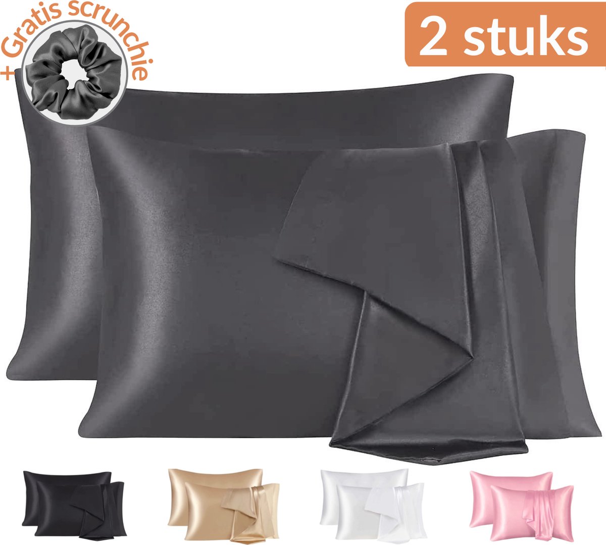 Satijnen Kussensloop - Satin Pillowcase - Huidverzorging - Haarverzorging - Satijn - Curly Girl Producten - Krullend Haar Vrouw - Antraciet - 50 x 60 – 2 Stuks