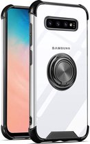 Hoesje Geschikt Voor Samsung Galaxy S10 Plus hoesje silicone met ringhouder Back Cover Case - Transparant/Zwart