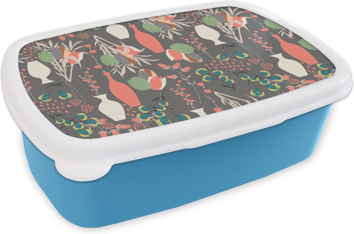 Broodtrommel Blauw - Lunchbox - Brooddoos - Boeket - Bloemen - Patronen - 18x12x6 cm - Kinderen - Jongen