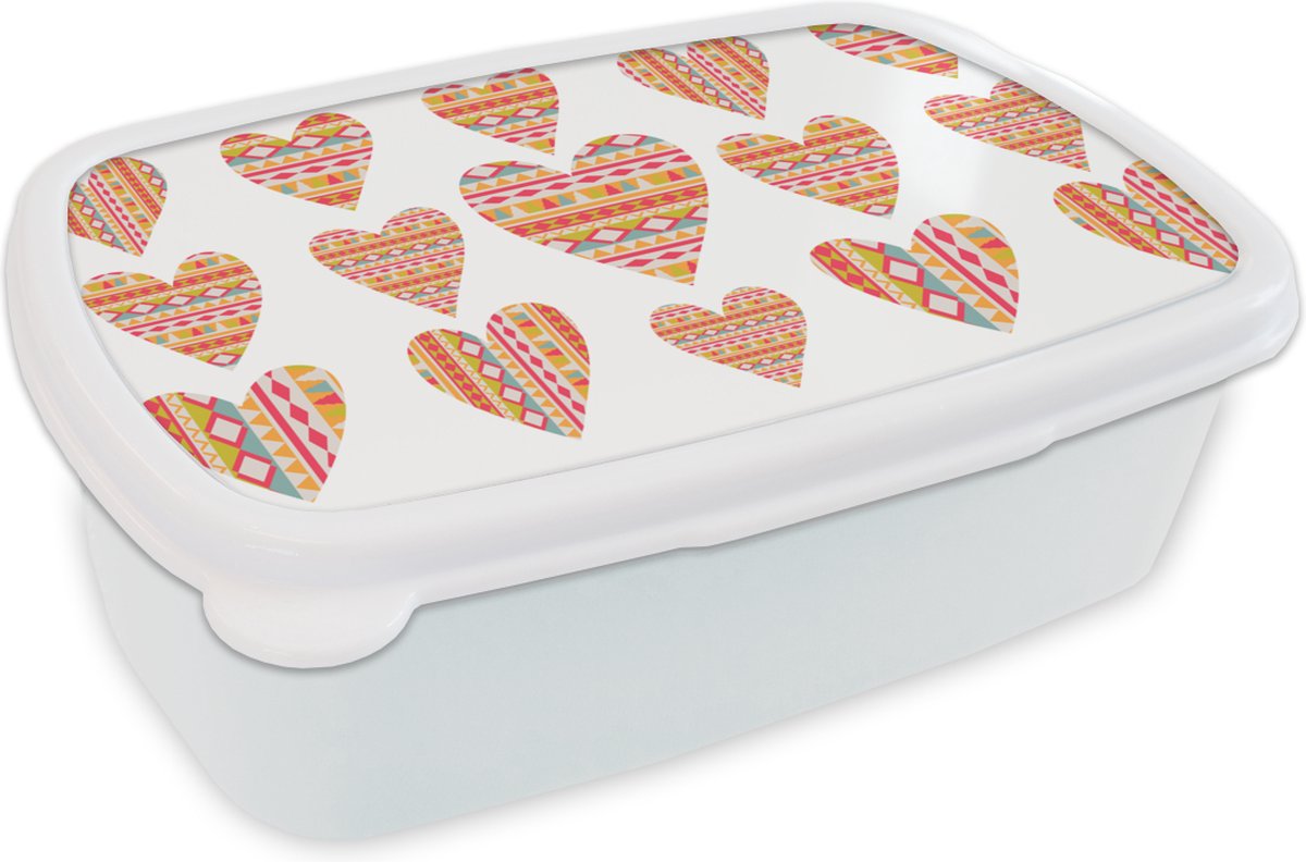 Broodtrommel Wit - Lunchbox - Brooddoos - Hart - Zuid-Amerika - Patronen - 18x12x6 cm - Volwassenen