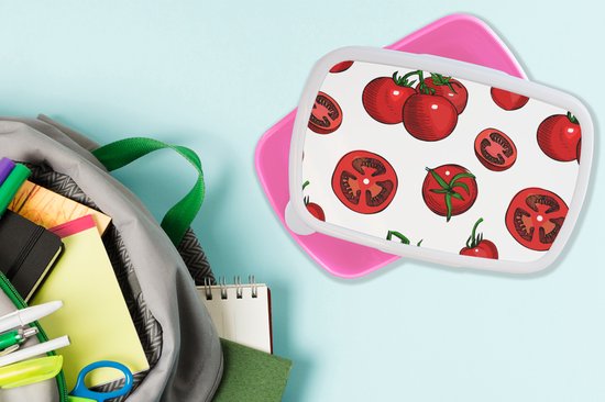 Broodtrommel Roze - Lunchbox - Brooddoos - Rood - Patronen - Tomaten - 18x12x6 cm - Kinderen - Meisje