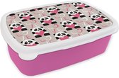 Broodtrommel Roze - Lunchbox - Brooddoos - Hartjes - Panda - Patronen - 18x12x6 cm - Kinderen - Meisje