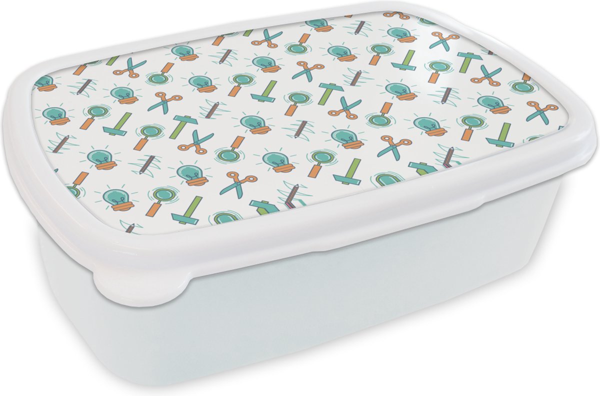 Broodtrommel Wit - Lunchbox - Brooddoos - Schaar - Potlood - Patronen - 18x12x6 cm - Volwassenen