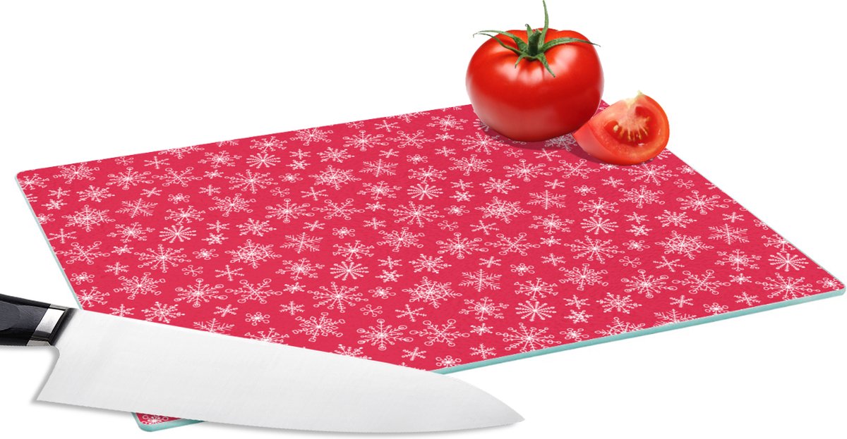 Glazen Snijplank - 28x20 - Sneeuwvlok - Rood - Wit - Design - Snijplanken Glas