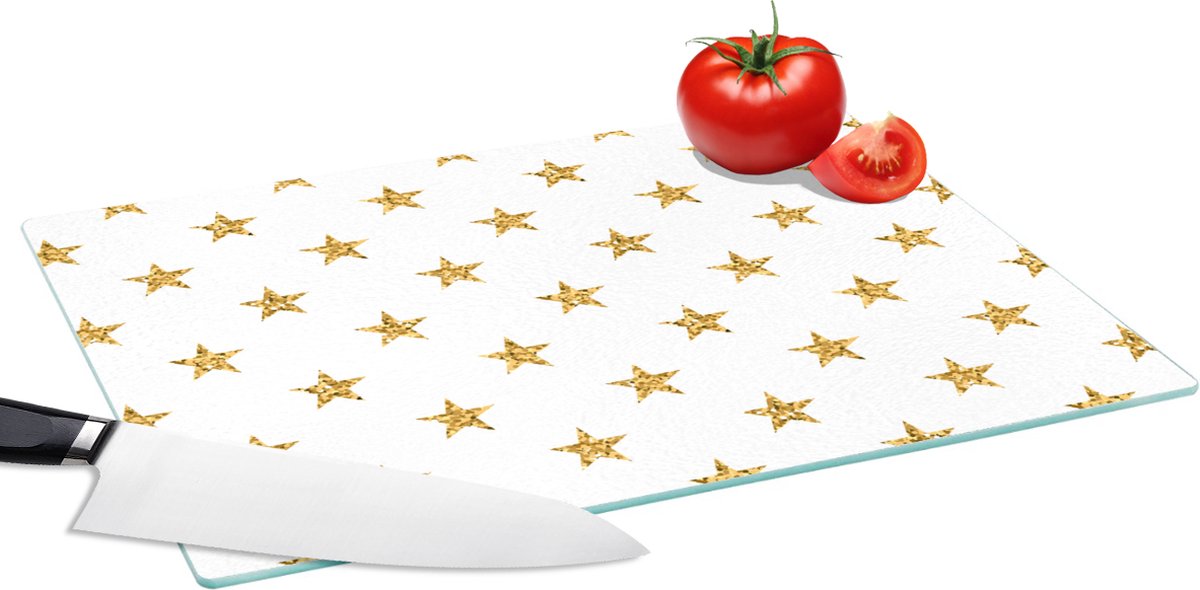 Glazen Snijplank - 39x28 - Sterren - Glitter - Goud - Design - Kerst - Snijplanken Glas