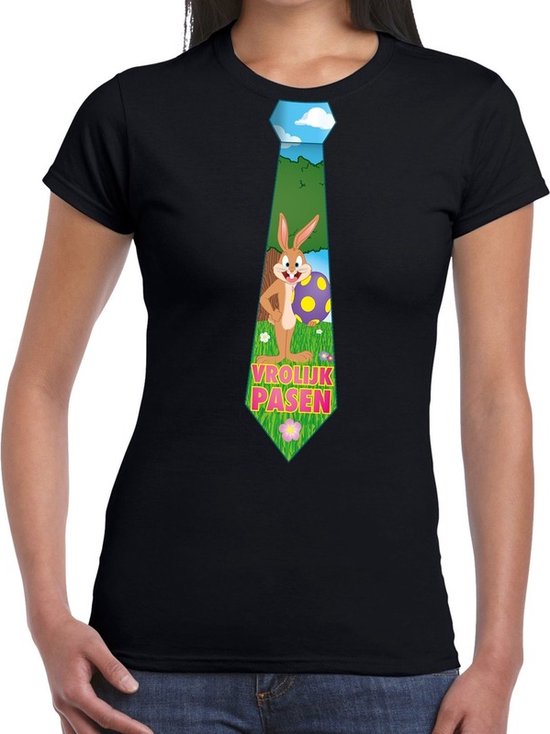 Zwart Paas t-shirt met paashaas stropdas - Pasen shirt voor dames - Pasen kleding S