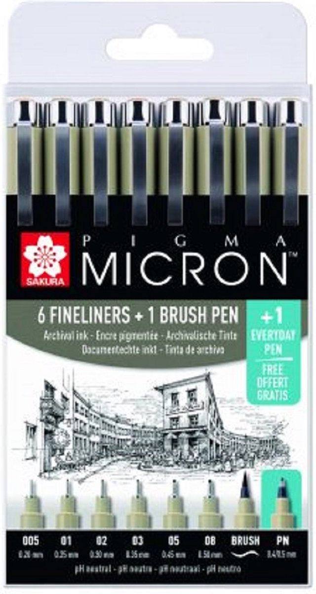 Pigma micron set 6 fineliners + 1 brushpen + 1 PN pen