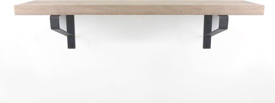 Eiken wandplank 50 x 20 cm op zwarte plankdragers - Wandplank hout - Wandplank industrieel - Fotoplank