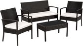 Luxiqo® 4-Delige Moderne Tuinset – Loungeset – Balkonset – Tuinmeubelset – Terrastafel – Tuintafel met Bank en 2 Stoelen – Rotan – Glazen Tafelblad – Wit/Zwart