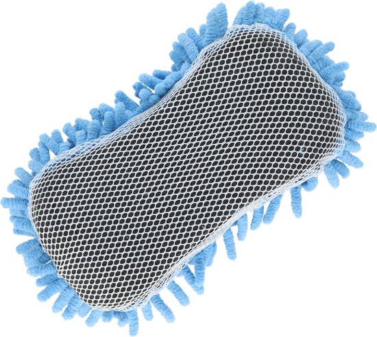 Blauwe spons met een gaas- en microvezeloppervlak.