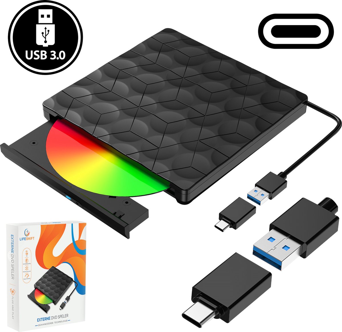 Lifeshift Externe DVD & CD speler met Brander - Geschikt voor Laptop en PC - USB naar USB-C Adapter - Ook voor Macbook