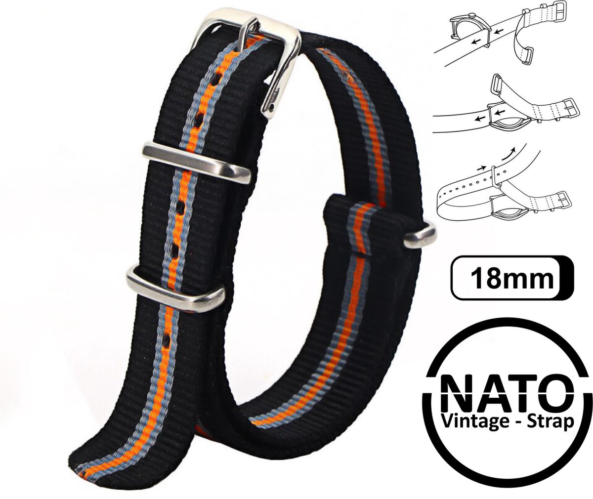 18mm Premium Nato Strap Zwart Oranje Grijs - Vintage James Bond - Nato Strap collectie - Mannen - Horlogeband - 18 mm bandbreedte voor oa. Seiko Rolex Omega Casio en Citizen