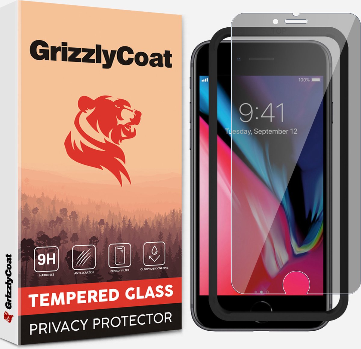 GrizzlyCoat Screenprotector geschikt voor Apple iPhone 8 Glazen | GrizzlyCoat Easy Fit AntiSpy Screenprotector Privacy - Case Friendly + Installatie Frame