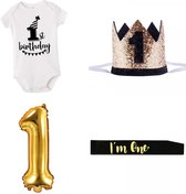 Cakesmash kleding en decoratie set My First Birthday zwart wit en goud - eerste - verjaardag - 1e verjaardag - decoratie